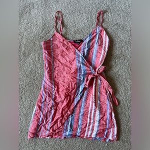 Lulus pink, white and blue striped linen wrap dress.